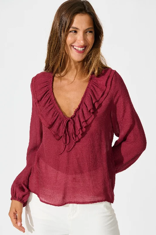 Ariella Top in Wine Cotton Blend Cozy Women's Sherpa - lined