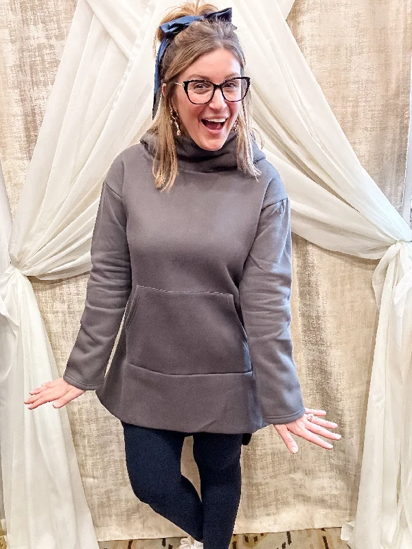 Charcoal High Neck Hooded Tunic Sweatshirt Cozy Women's Sherpa - lined