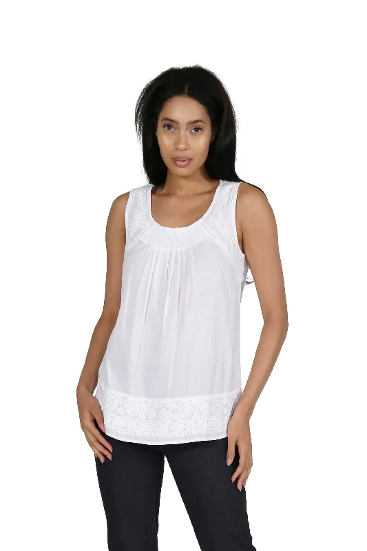 La Cera White Embroidered Sleeveless Top Sporty Women's Athleisure 