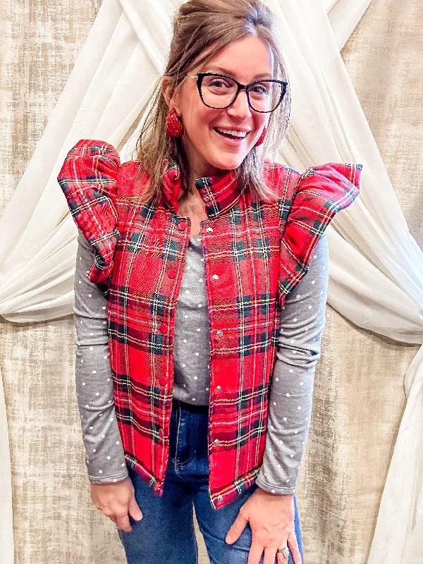 Plaid Vest with Ruffle Detail Cozy Women's Winter