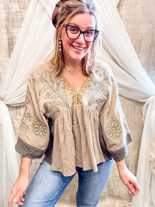 Dusty Olive Embroidered Boho Top Relaxed Women's 