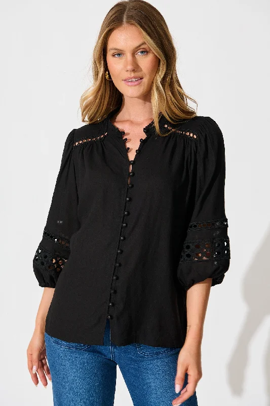Cascades Top in Black Linen Blend Trendy Women's 