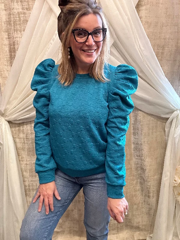 Teal Embroidered Bow Sweatshirt with Puff Sleeves Modern Women's Tech