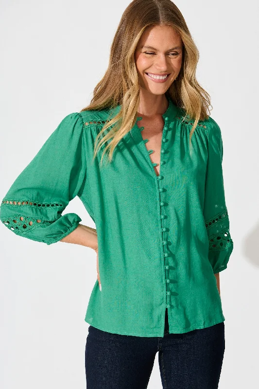 Cascades Top in Emerald Linen Blend Sleek Women's 