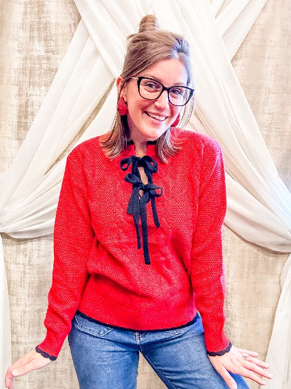 Red Front Tie Bow Sweater Athletic Women's 