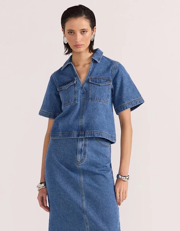 Staple the Label Alden Crop Denim Shirt in Mid-Blue Cashmere