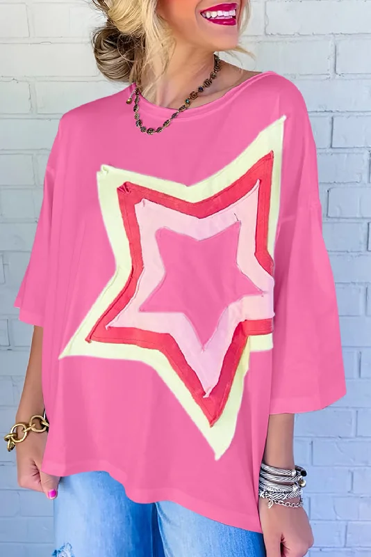Bonbon Colorblock Star Patched Half Sleeve Oversized Tee Dapper Women's Bow - adorned