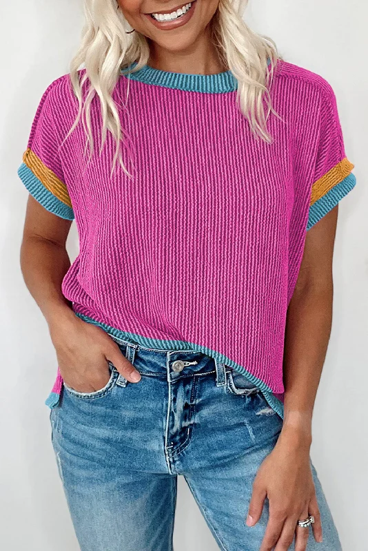 Bright Pink Textured Contrast Color Round Neck T Shirt purpose