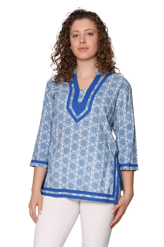 La Cera Blue Medallion Print Tunic Preppy Women's College