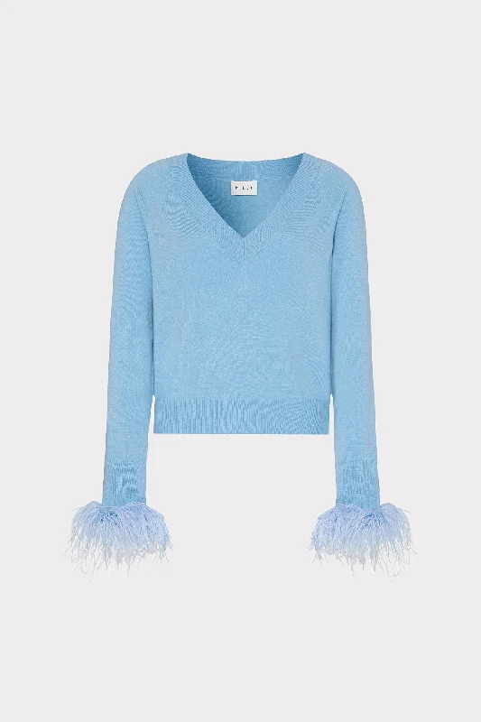 Feather Cuff V-Neck Sweater Sleek Women's Metallic