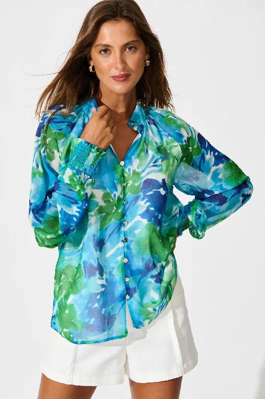 Brielle Top in Blue and Multi Print Chiffon Preppy Women's College