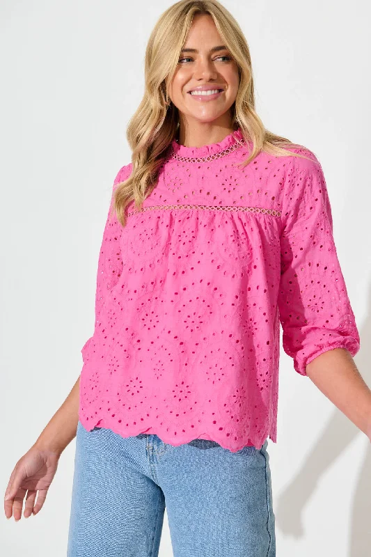 Donia Top In Pink Embroidery Cotton Unique Women's Upcycled