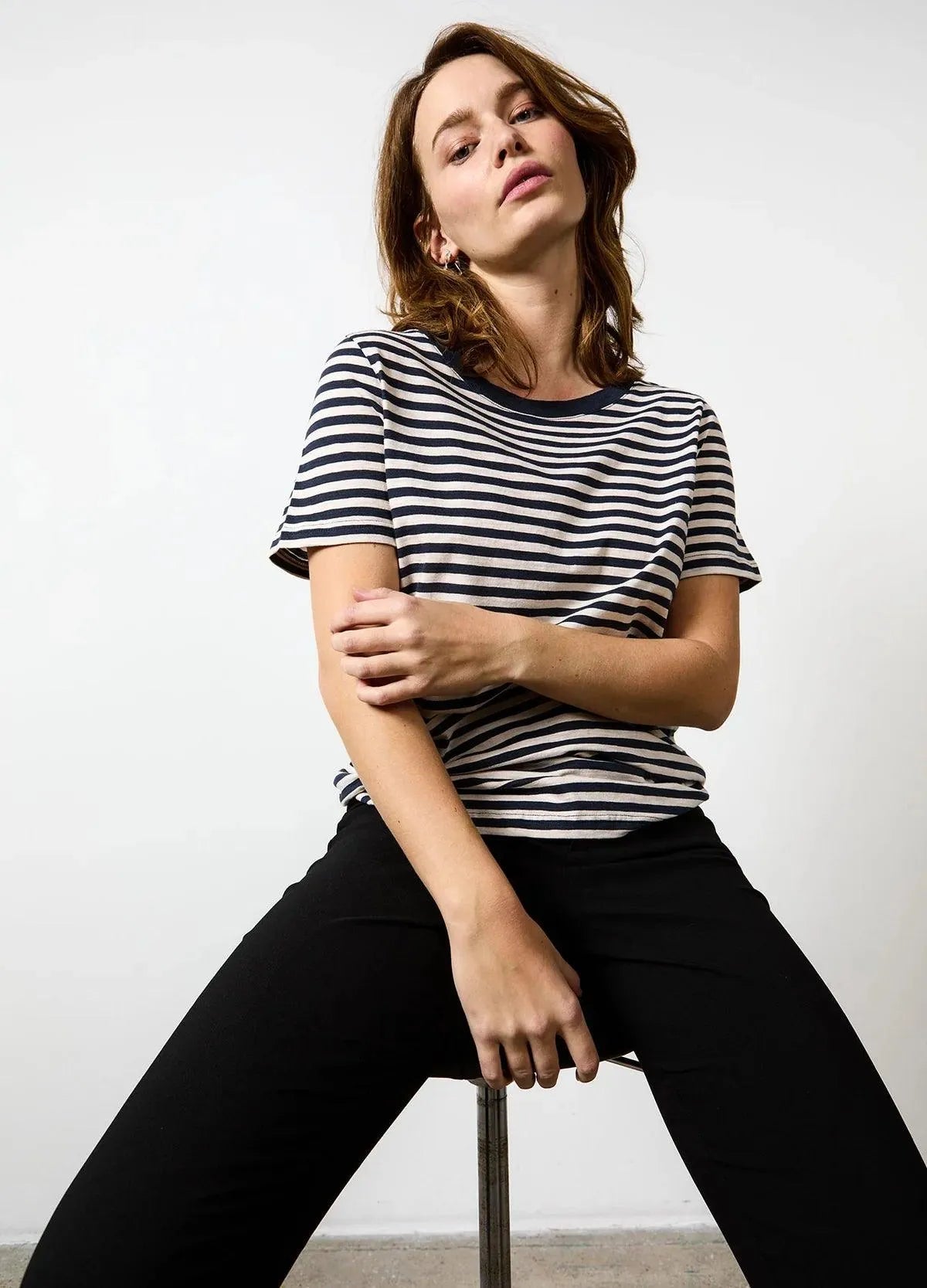 CC Heart Stripe T-Shirt Short Sleeve in Night Sky Blue and Cream Country