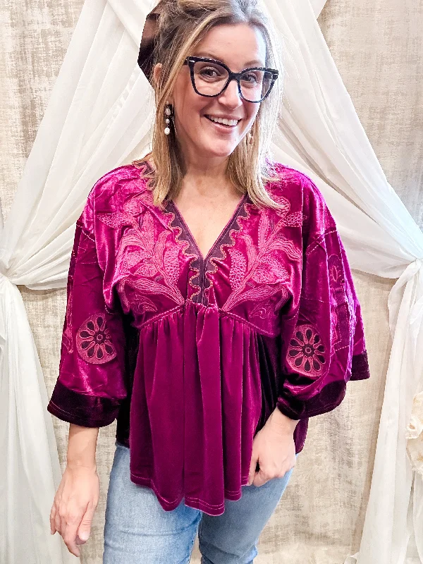 Megenta Embroidered Velvet Peasant Top Monochromatic All - in - one