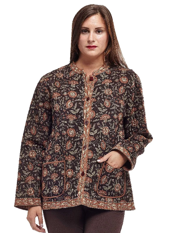 La Cera Quilted Brown Mandarin Jacket Sophisticated Women's 