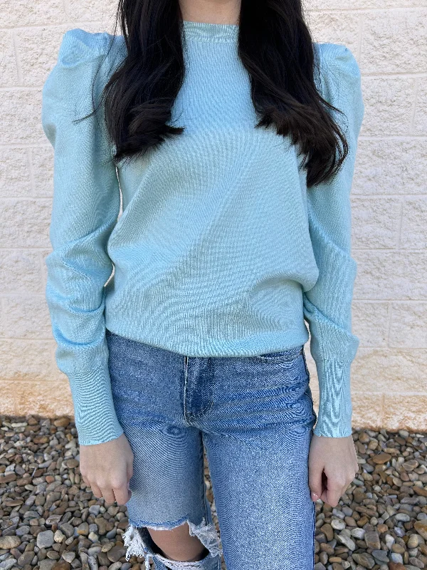 Mint Crew Neck Puff Sleeve Sweater Sophisticated Women's Tailored