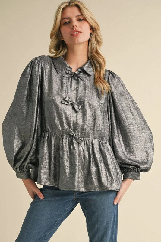 Draw Your Attention Gunmetal Metallic Bow Detail Top Rugged Women's Outdoor 