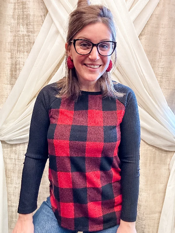 Red and Black Plaid Top Artistic Women's Hand - painted